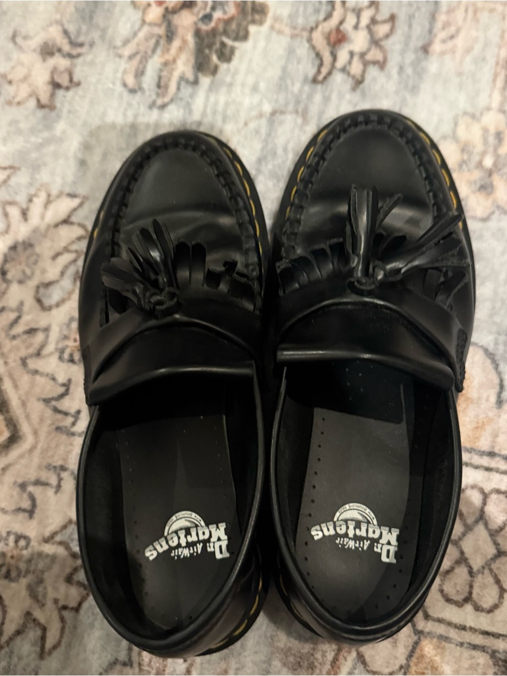 Dr. Martens Black Tassel Kiltie Loafers with Yellow Stitching